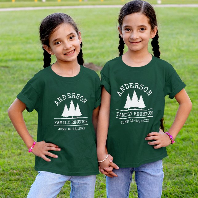 Family Reunion Rustic Pine Trees Green Kid's T-Shirt (Customize to change text size. Choose from a variety of shirt colors and styles.)