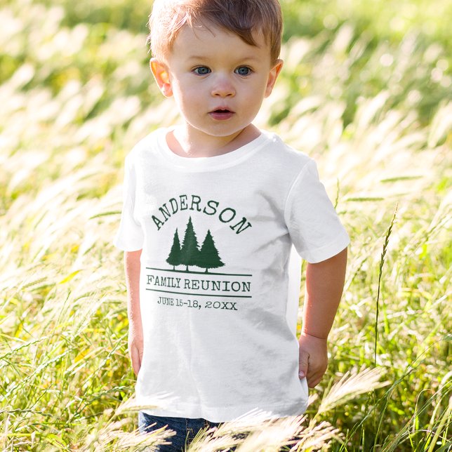 Family Reunion Rustic Pine Trees Kid's T-Shirt (Customize to change text size. Choose from a variety of shirt colors and styles.)