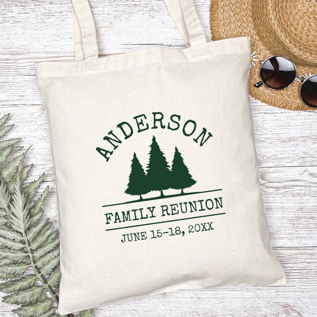 Family Reunion Rustic Pine Trees Tote Bag (Customize to change text size, color or text style.)