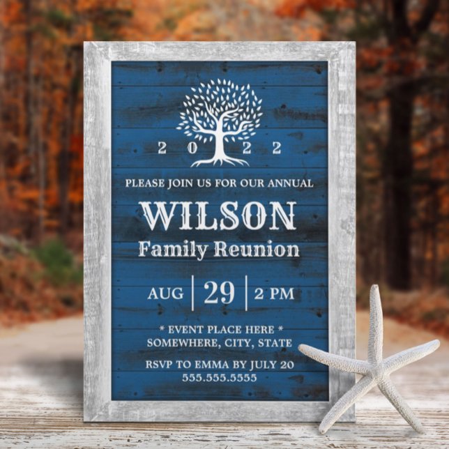 Family Reunion Rustic Wood Frame Family Tree Navy Invitation (Creator Uploaded)