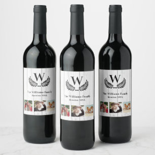 Family reunion rustic wood photo monogram wine label