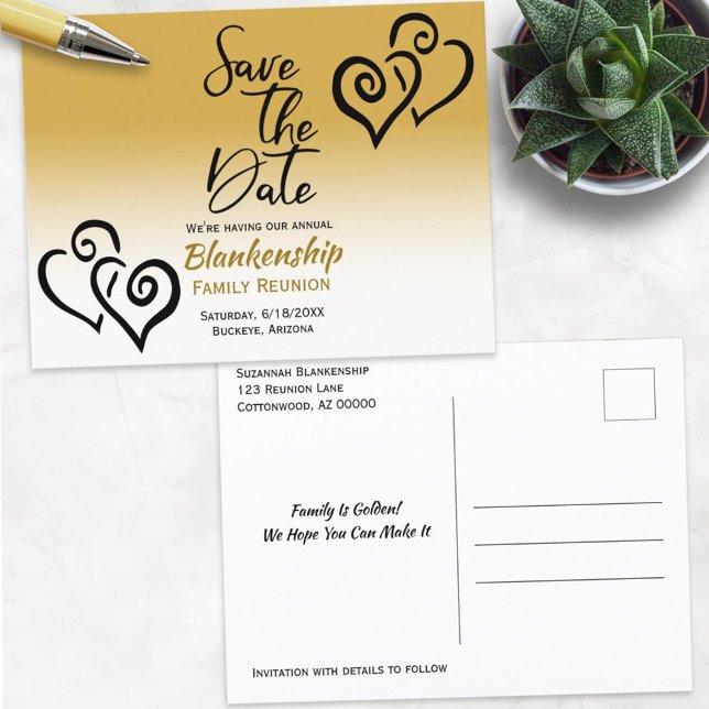 Family Reunion Save The Date Black Linked Hearts A Announcement Postcard (Creator Uploaded)