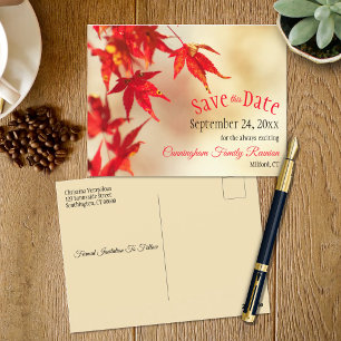 Family Reunion Save The Date Fall Red Leaves Bokeh Postcard