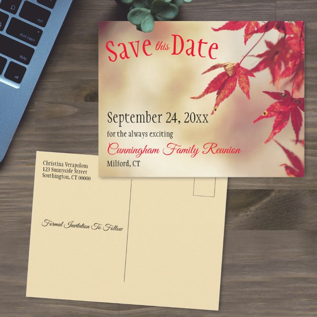 Family Reunion Save The Date Fall Red Leaves Bokeh Postcard (Creator Uploaded)