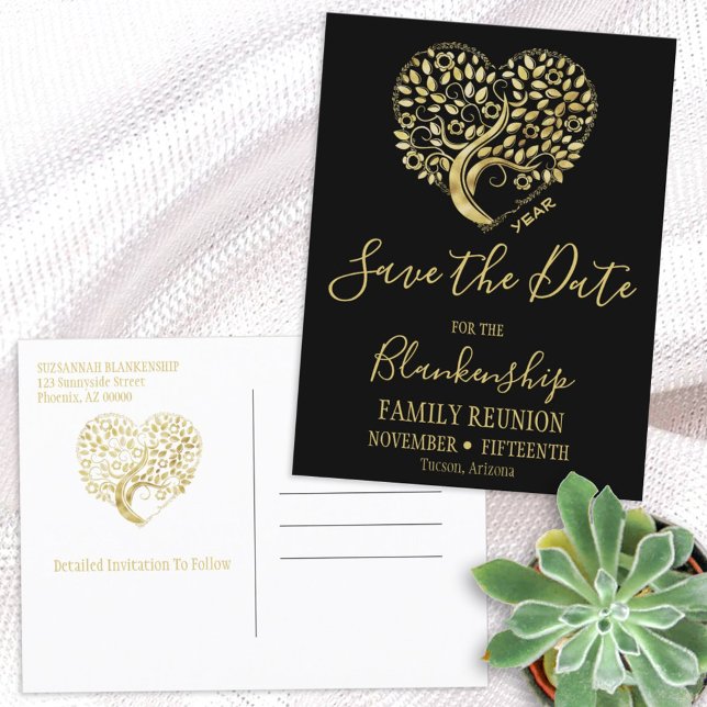 Family Reunion Save The Date Gold Heart Tree  Announcement Postcard (Creator Uploaded)