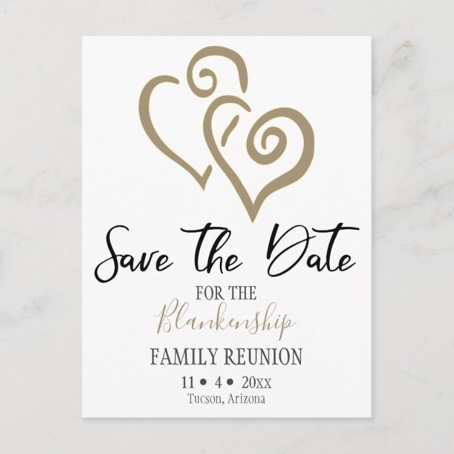 Family Reunion Save The Date Khaki Linked Hearts Announcement Postcard (Front)