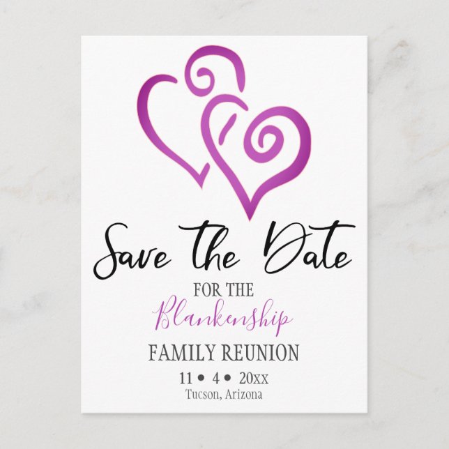 Family Reunion Save The Date Magenta Linked Hearts Announcement Postcard (Front)