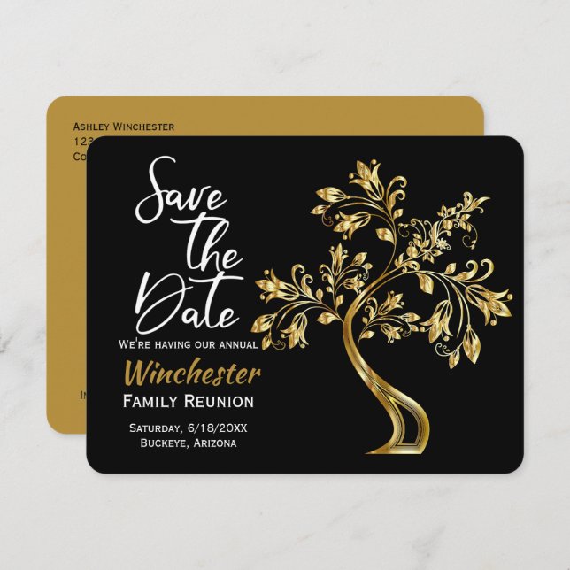 Family Reunion Save The Date Modern Gold Tree (Front/Back)