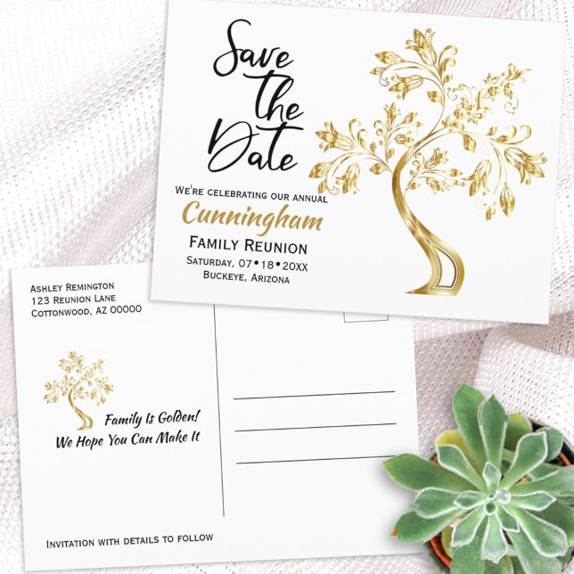 Family Reunion Save The Date Modern Gold Tree Announcement Postcard (Creator Uploaded)