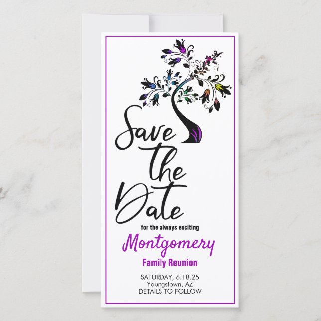 Family Reunion Save The Date  Modern Purple Tree (Front)