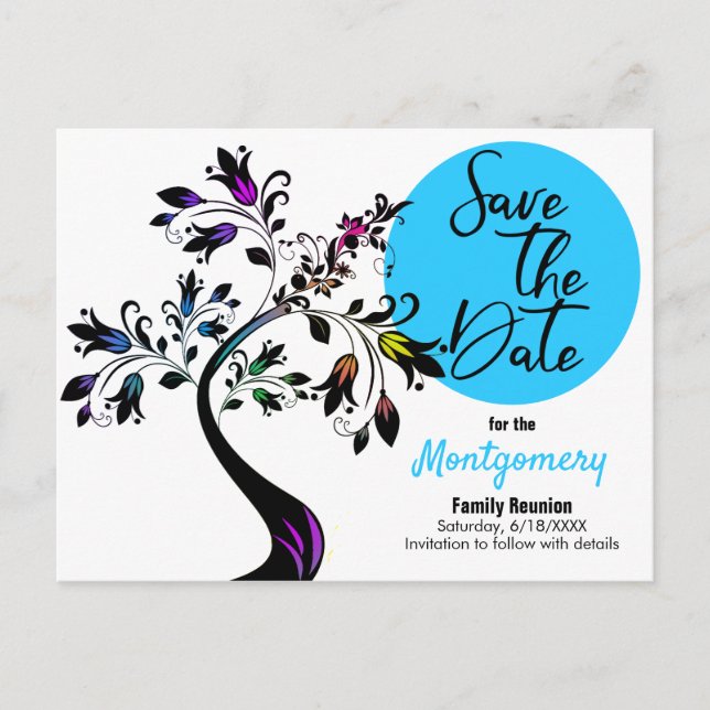 Family Reunion Save The Date Modern Tree Blue Announcement Postcard (Front)