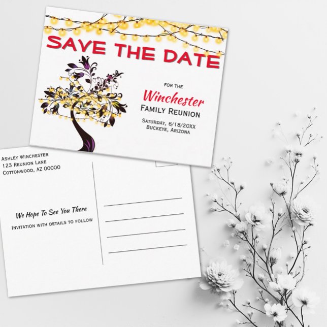 Family Reunion Save The Date Yellow Lights Tree Announcement Postcard (save the date template postcard front and back)