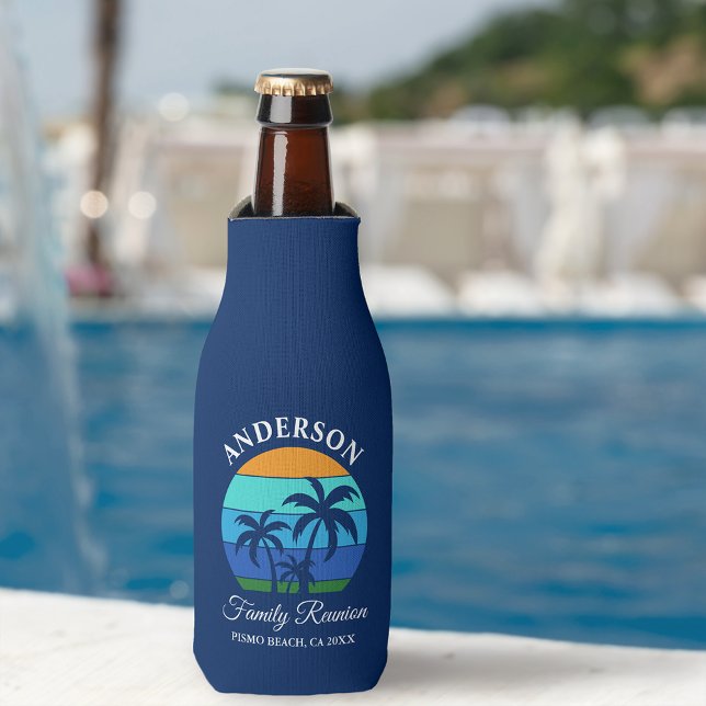 Family Reunion Summer Beach Palm Trees Blue Bottle Cooler (Customize to change text size or text style.)