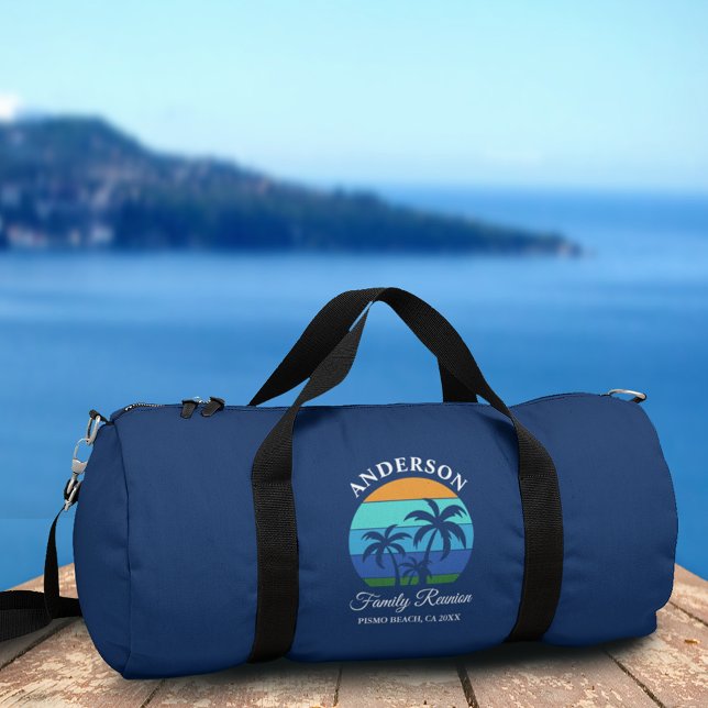 Family Reunion Summer Beach Palm Trees Blue Duffle Bag (Customize to change text size or text style.)