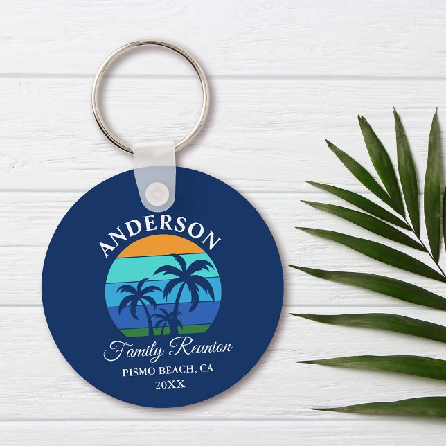 Family Reunion Summer Beach Palm Trees Blue Key Ring (Customize to change text size, style or background color.)