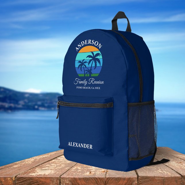 Family Reunion Summer Beach Palm Trees Blue Printed Backpack (Customize to change text size or text style.)