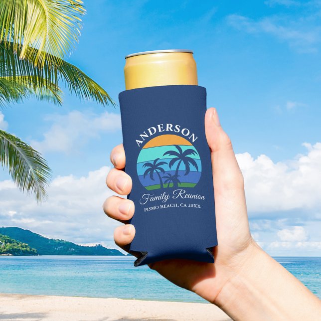 Family Reunion Summer Beach Palm Trees Blue Seltzer Can Cooler (Customize to change text size or text style.)