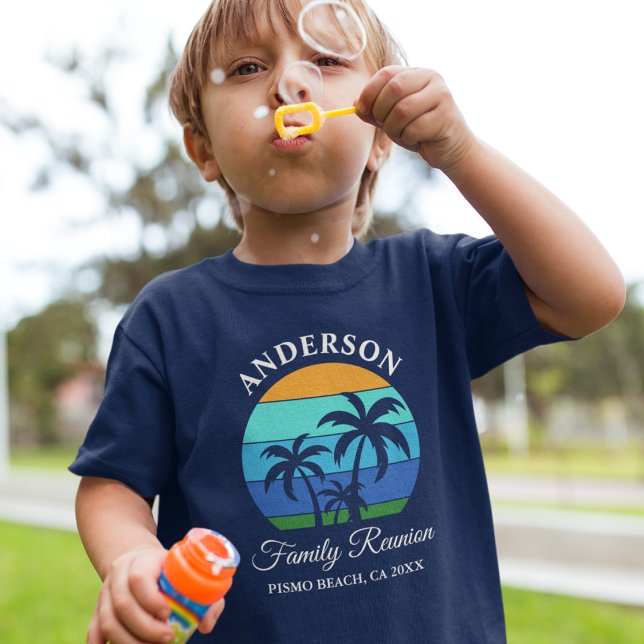 Family Reunion Summer Beach Palm Trees Boys Blue T-Shirt (Choose from several shirt sizes and colors.)