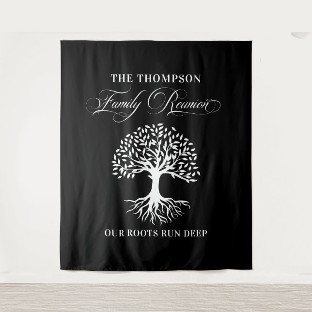 Family reunion tree backdrop banner black tapestry (Front)
