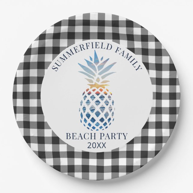 Family Reunion Tropical Beach Summer Party Gingham Paper Plate (Front)