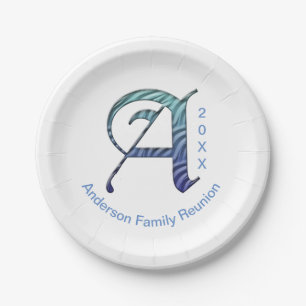 Family Reunion Unique Blue Letter A Monogram Paper Plate