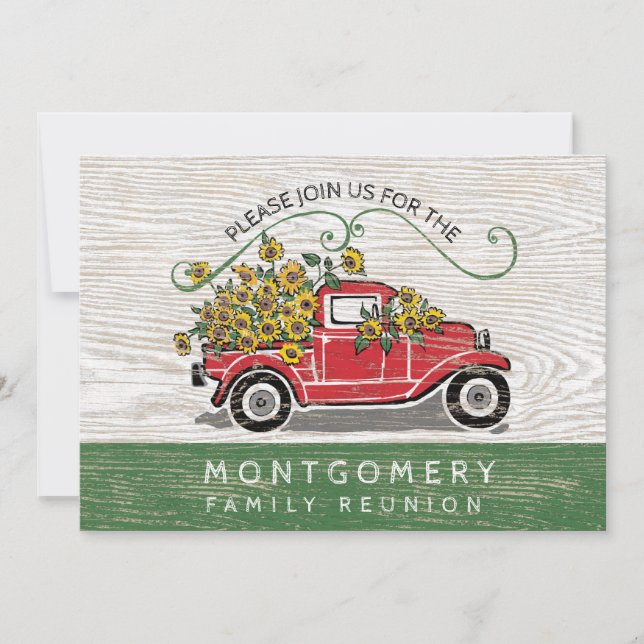 Family Reunion Vintage Red Truck Sunflowers Rustic Invitation (Front)