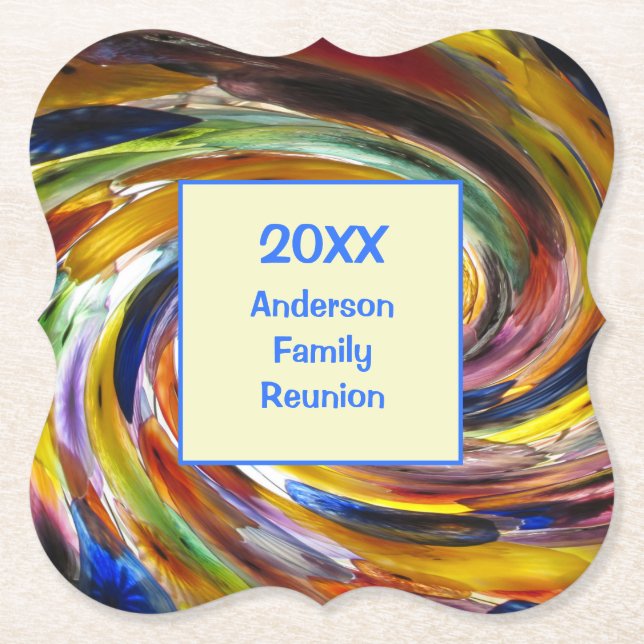 Family Reunion Vivid Tie Dye Swirl Abstract Event Paper Coaster (Front)