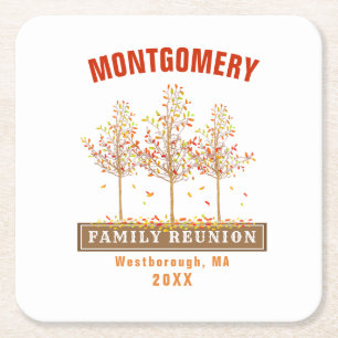 Family Reunion Watercolor Autumn Trees Monogram Square Paper Coaster