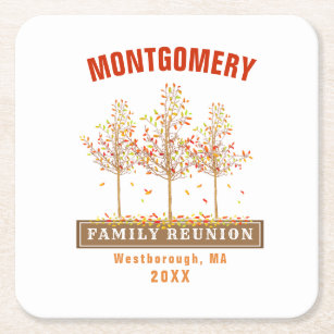 Family Reunion Watercolor Autumn Trees Monogram Square Paper Coaster