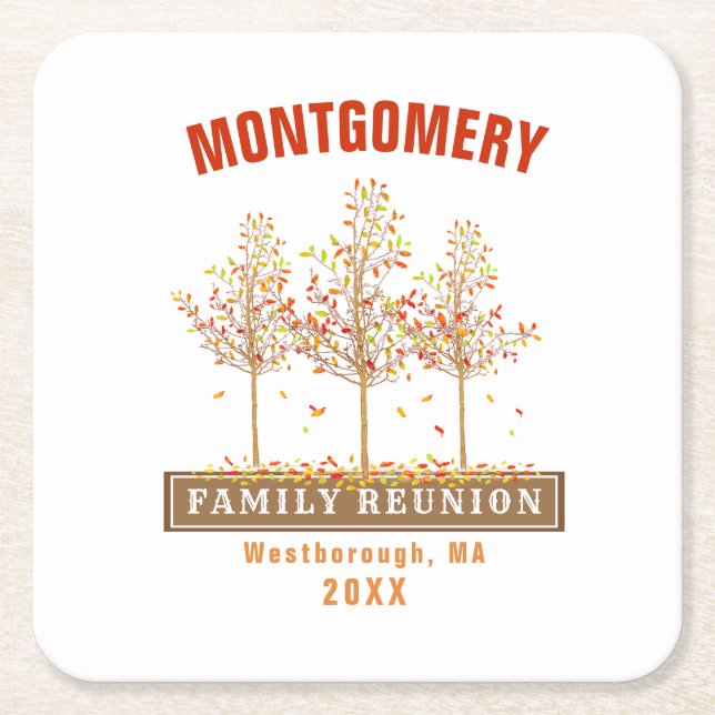 Family Reunion Watercolor Autumn Trees Monogram Square Paper Coaster (Front)
