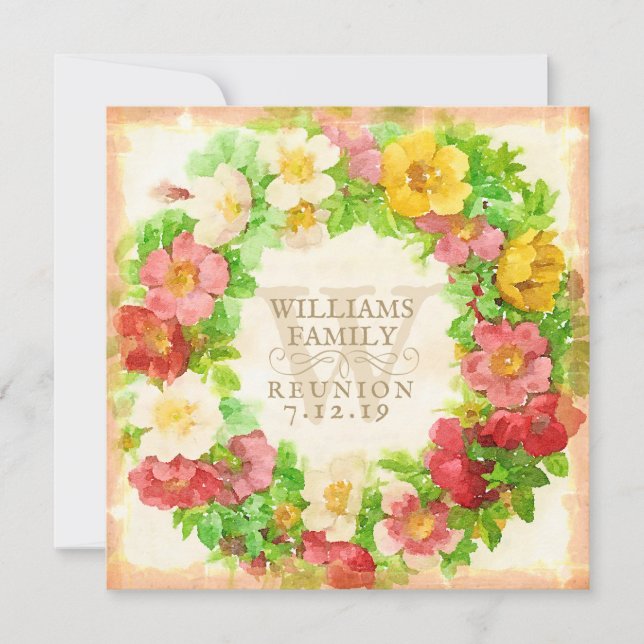 Family Reunion Watercolor Floral Wreath Elegant Invitation (Front)