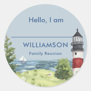 Family Reunion Watercolor Lighthouse Name Classic Round Sticker