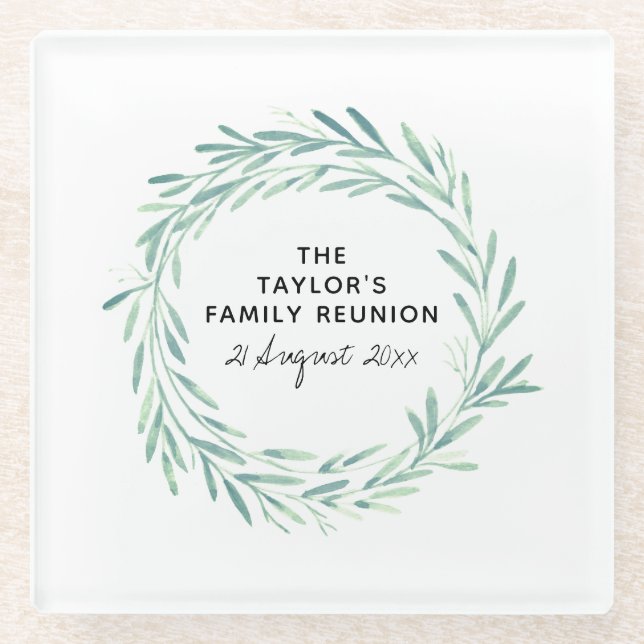 Family Reunion Watercolor Wreath Greenery Foliage Glass Coaster (Front)