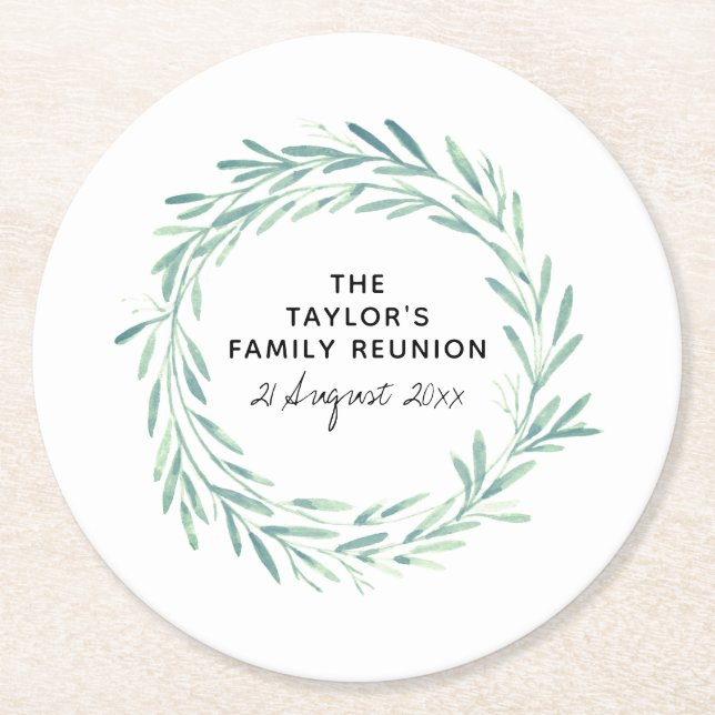 Family Reunion Watercolor Wreath Greenery Foliage Round Paper Coaster (Front)