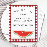 Family Reunion Watermelon Save The Date Announcement Postcard<br><div class="desc">Are you planning a family reunion?
Let your family know the date with these Save the Date postcards.
They are decorated with watercolor watermelons on a red and white buffalo check background.
Easily customisable.
Original Watercolor © Michele Davies.</div>