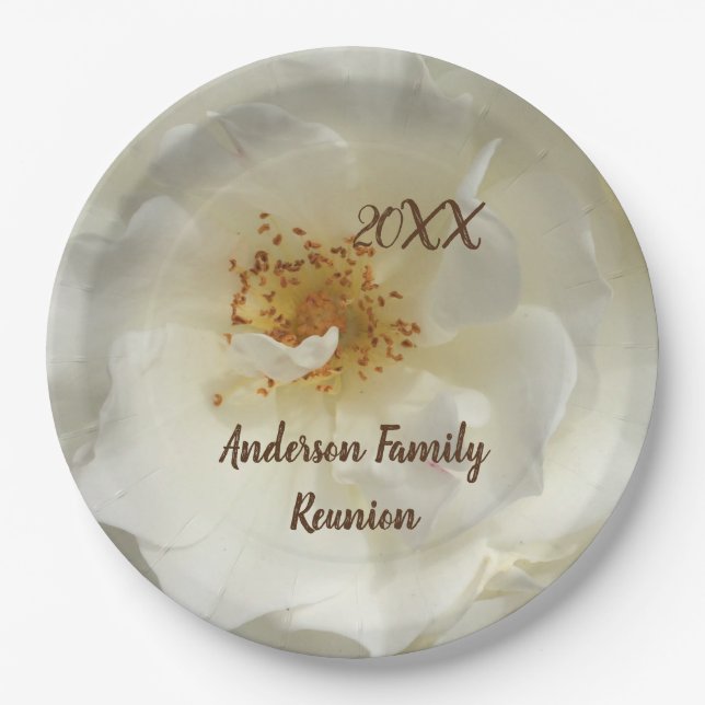 Family Reunion White Rose Photo Floral Gathering Paper Plate (Front)