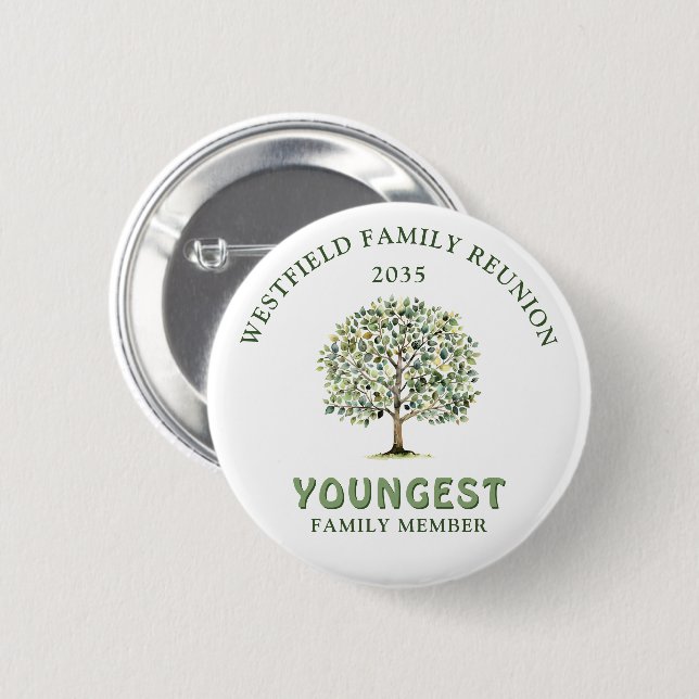 Family Reunion Woodland Tree Youngest Member Award 6 Cm Round Badge (Front & Back)
