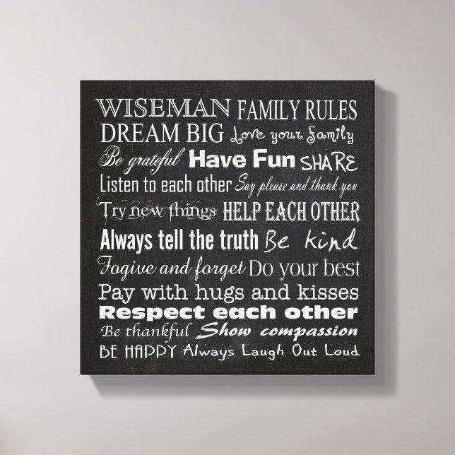 Family Rules Last Name 10x10 Wrapped Canvas (Front)