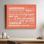 Family Rules Personalised Name Positive Coral Faux Canvas Print<br><div class="desc">Create a warm and welcoming atmosphere in your home with this personalised coral canvas print. Featuring a modern design with heartwarming family rules and space to add your family name in white text, this wall art is a beautiful way to celebrate your unique bond. A perfect addition to your living...</div>