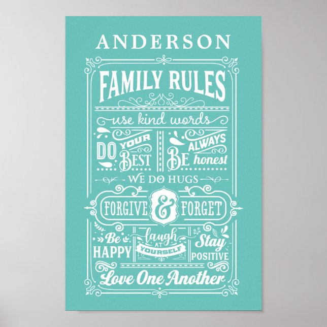 Family Rules Teal Personalized Poster (Front)