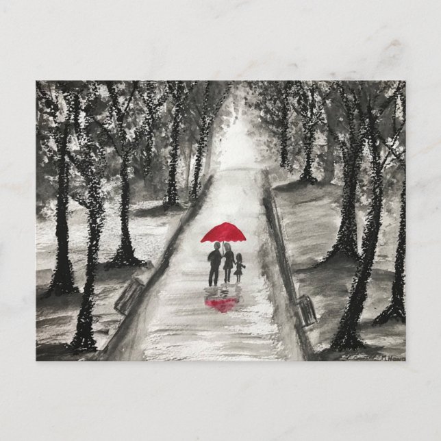 Family Rustic red umbrella black and white Postcard (Front)
