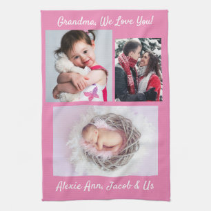 Family says, "I Love You" Grandma Personalise Pink Tea Towel