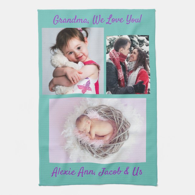 Family says, "I Love You" Grandma Personalise Teal Tea Towel (Vertical)