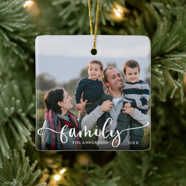 Family Script Calligraphy Photo Christmas Ceramic Ornament (Tree)