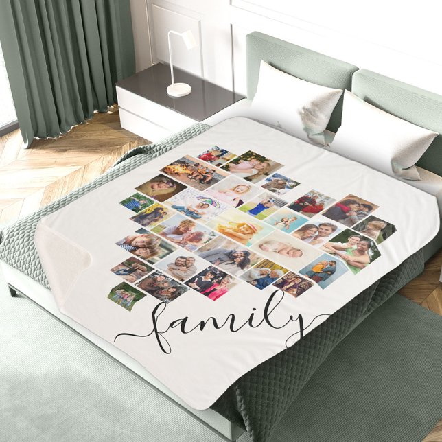 Family Script Heart Shaped Photo Collage White Sherpa Blanket (Creator Uploaded)