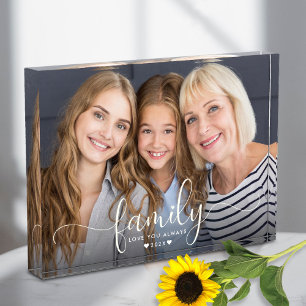 Family Script Heart Three Generation Modern Custom Photo Block