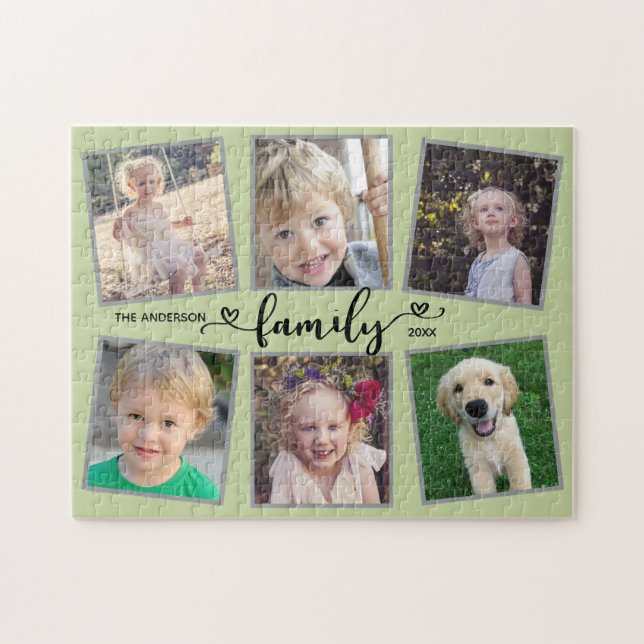 Family Script Hearts Green Photo Collage Jigsaw Puzzle (Horizontal)