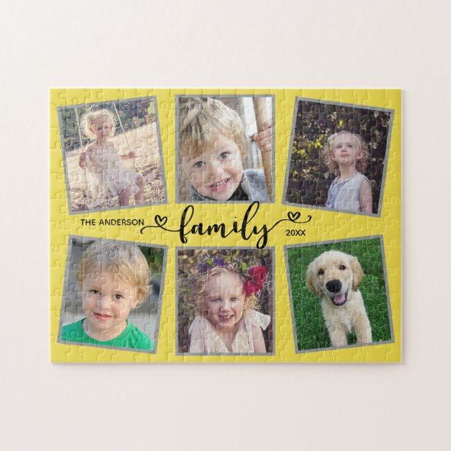 Family Script Hearts Yellow Photo Collage Jigsaw Puzzle (Horizontal)