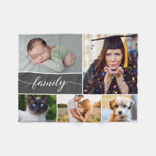 Family Script Multiple photo collage Fleece Blanket