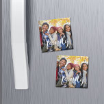 Family Script Overlay Photo Magnet<br><div class="desc">Share a favourite everyday,  vacation or family photo on our square magnets featuring "family" in modern white handwritten script along the bottom. Makes a great stocking stuffer for grandparents!</div>
